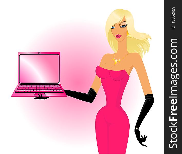Beautiful woman, showing a palm laptop