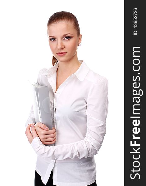 Portrait of young businesswoman with grey folder. Portrait of young businesswoman with grey folder