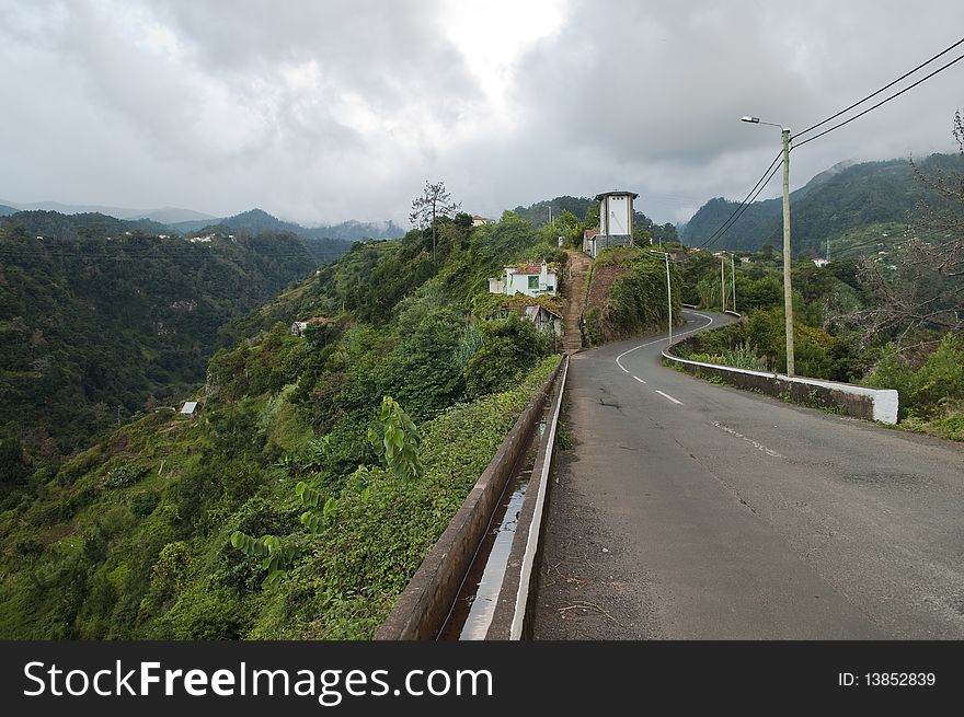 Madeira landscape, mountain villiage and road