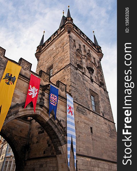 Prague Tower decorated with flags