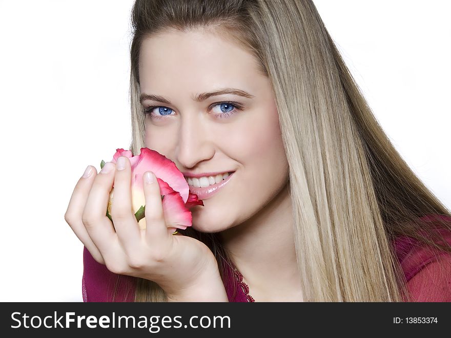 Smile woman with nice face and  rose in her hand. Smile woman with nice face and  rose in her hand