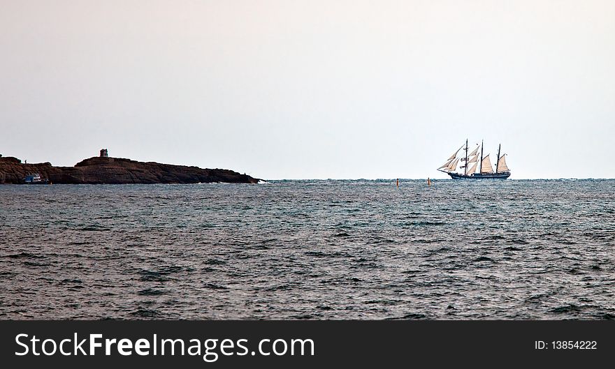 A tall ship at the horizon near Camogli. A tall ship at the horizon near Camogli