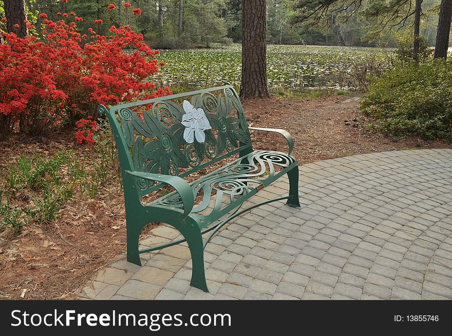 A garden bench with azalea flowers