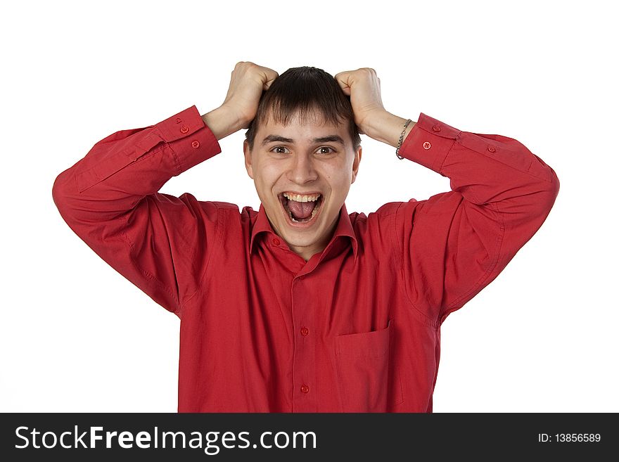 Young man in a red shirt screaming isolated on white. Young man in a red shirt screaming isolated on white