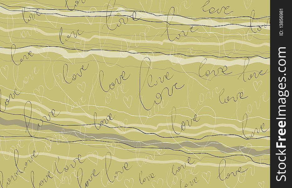 Background of beige color with the words love and hearts, retro. Background of beige color with the words love and hearts, retro