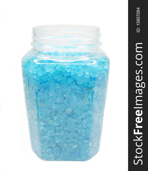 Blue bathing sea salt in jar isolated