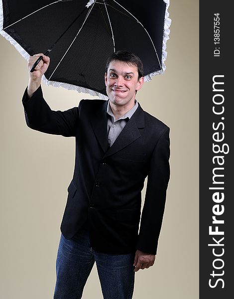Funny Business Man Challenging With Umbrella