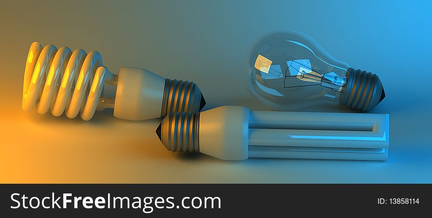 Economic and classical light bulbs on colored background. orange light from the left side, blue colored light from the left side