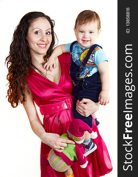 Mother with son carring on hands with toy