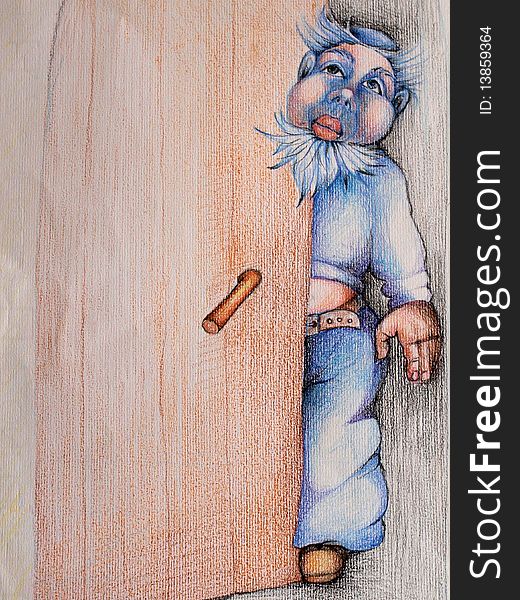 Handmade illustration with pencil, the little blue dwarf. Handmade illustration with pencil, the little blue dwarf