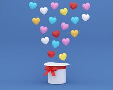 Creative Idea Layout Made Of Colorful Hearts Shape With Hat On Blue Background. Minimal Concept Of Love And Valentine Day. Royalty Free Stock Photography