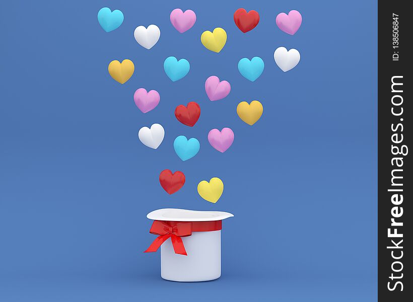 Creative idea layout made of colorful hearts shape with hat on blue background. minimal concept of love and valentine day.