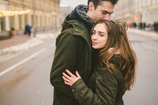 Theme Love And Romance. Caucasian Young People Heterosexual Couple In Love Students Boyfriend Girl Hugging And Kissing On Center Stock Images