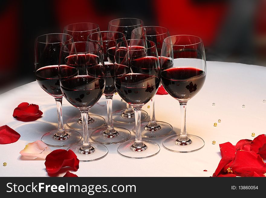 Red wine in glasses on a buffet table. Red wine in glasses on a buffet table