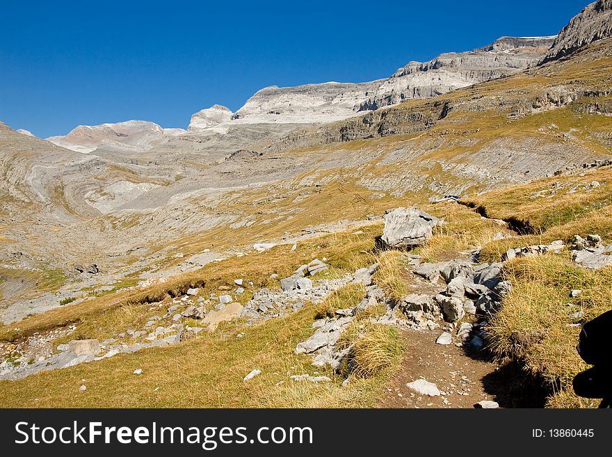 Mountain view - Monte Perdido massif in Spanish National Park - Ordesa. Sunny autumn day.