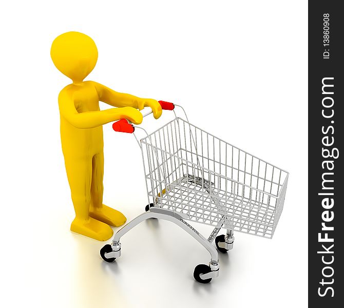 Person with shoping cart over white . 3d render