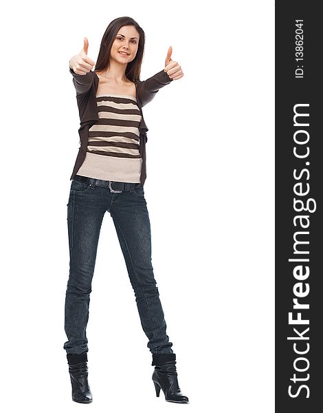 Smiling woman with a thumbs up sign isolated over white. Smiling woman with a thumbs up sign isolated over white