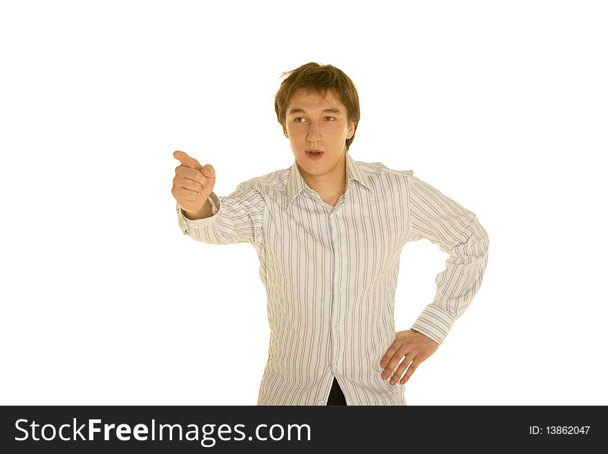 Man in shirt gestures on a white background