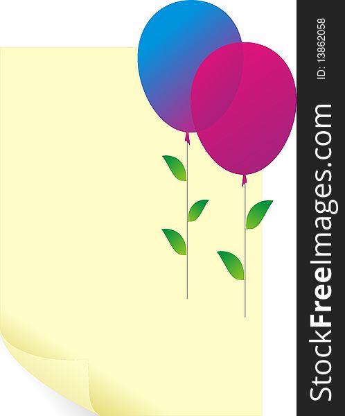 Color balloons with green leaves and paper blank leaf- vector illustration, cartoon, fantastic character