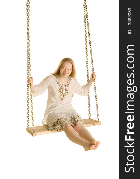 Girl on a swing on a white background