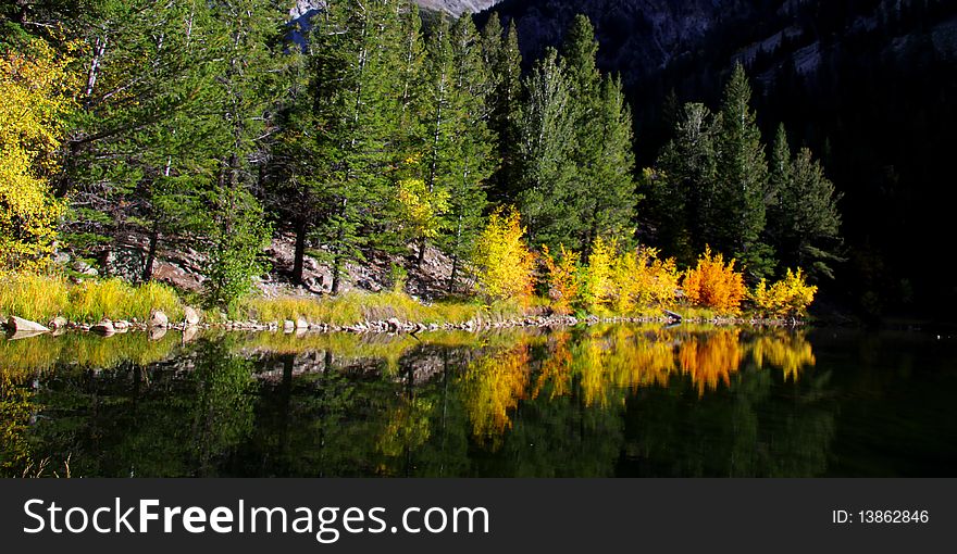 Scenic landscape in Colorado during autumn time with tree reflections