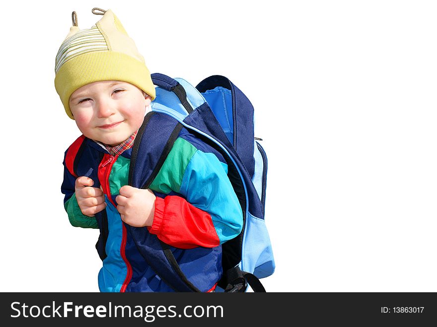 The boy is unbuttoned empty backpack, bent on the severity, isolated. The boy is unbuttoned empty backpack, bent on the severity, isolated