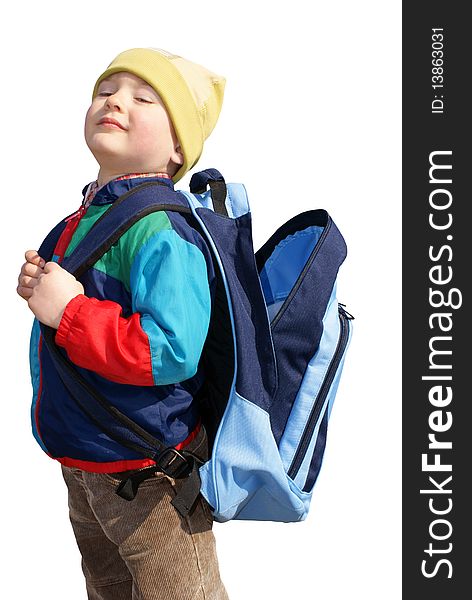 The boy stands with open backpack, insulated. The boy stands with open backpack, insulated