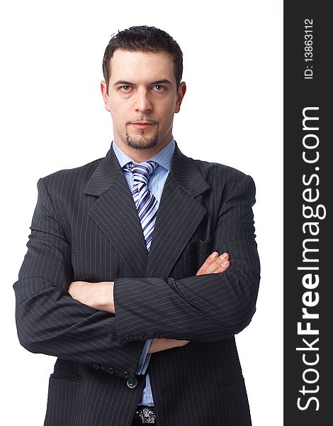 Portrait of a confident mature business man with hands folded on white background. Portrait of a confident mature business man with hands folded on white background