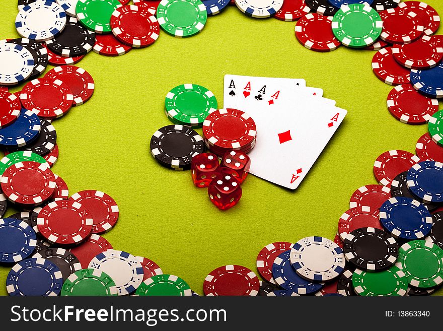 Casino concept shot in studio on green background. Casino concept shot in studio on green background