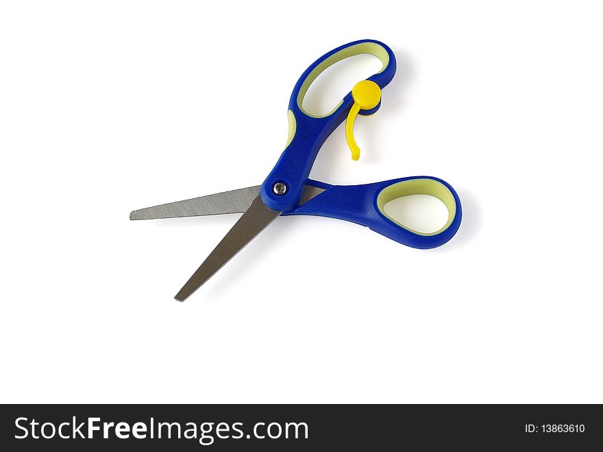 Blue metallic scissors on a white background. Blue metallic scissors on a white background