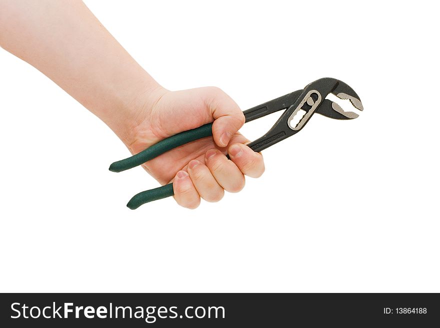 Silver spanners in a man hand isolated over white