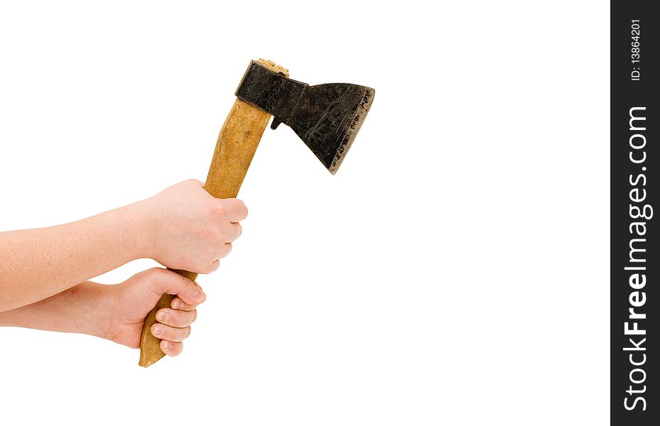 Isolated image of axe in man hand closeup