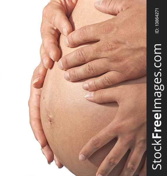 Pregnant body with hands, pregnant woman, woman and man hands. Pregnant body with hands, pregnant woman, woman and man hands
