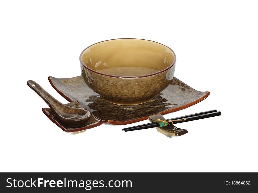 Set of ceramic japanese dishware isolated on white background with clipping path