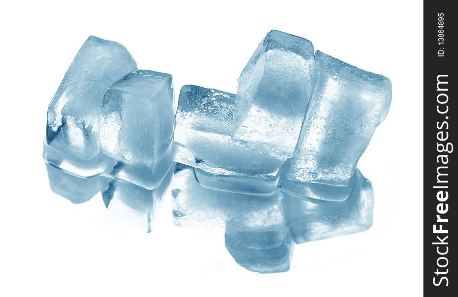 Few ice cubes with reverberation. Isolated on white with clipping path