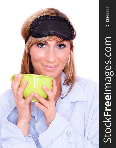 Portrait of female with green cup. Portrait of female with green cup