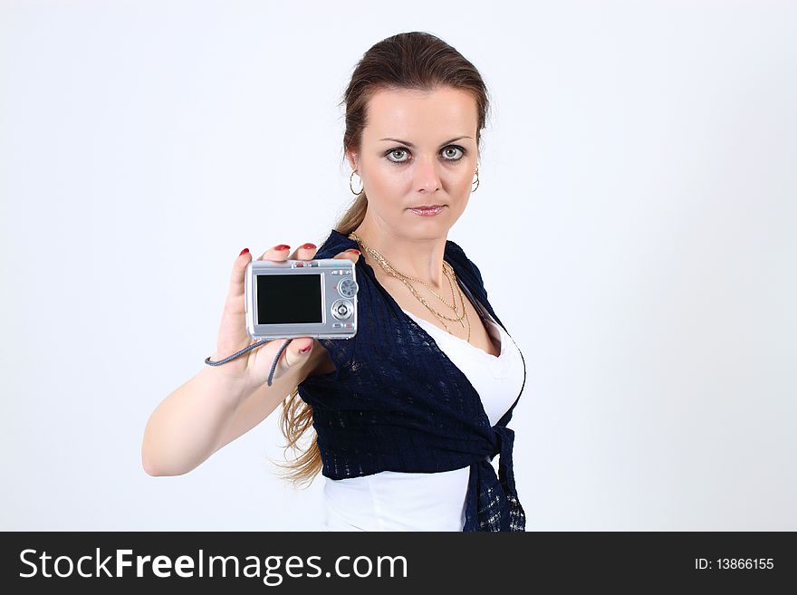 The attractive woman show photo on digital camera