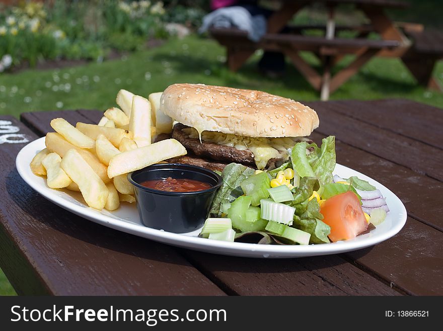 Delicious Cheesburger with fries and salad. Delicious Cheesburger with fries and salad.