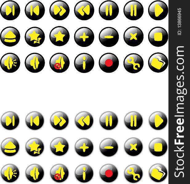 Vectorized multimedia buttons black-yellow-red-gloss design.