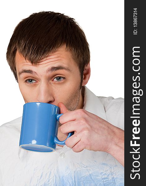 Young man has coffee break isolated on white background