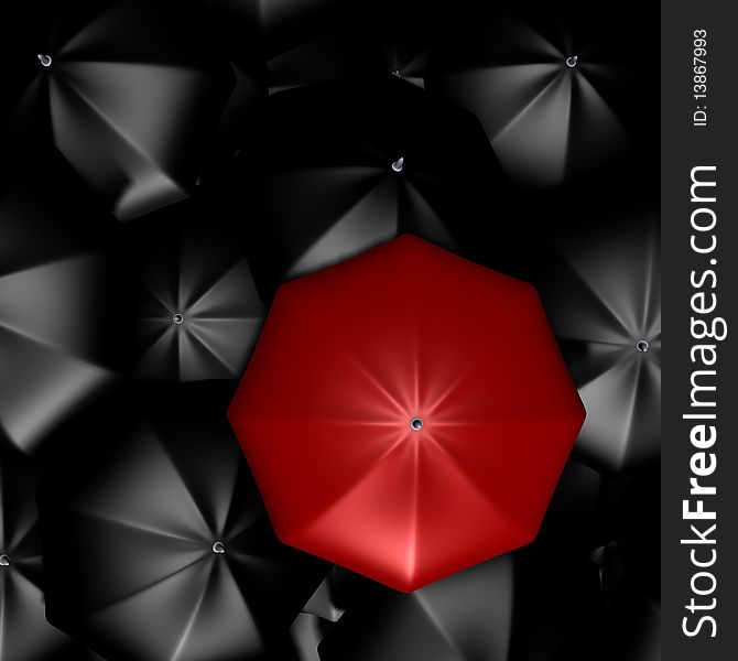 A red umbrella is standing out among the rest black umbrellas, a 3d image. A red umbrella is standing out among the rest black umbrellas, a 3d image