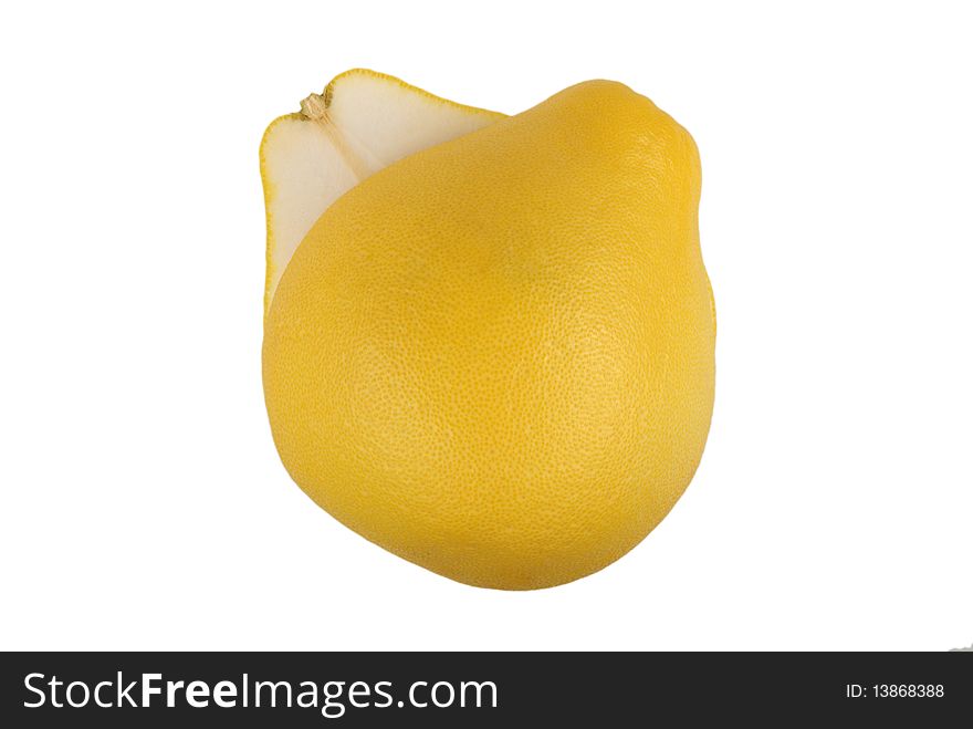 Cut and shifted fruit pomelo isolated in white
