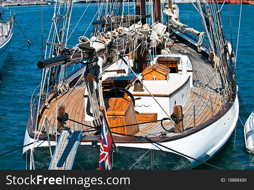 Overall view of a wooden sailing boat. Overall view of a wooden sailing boat