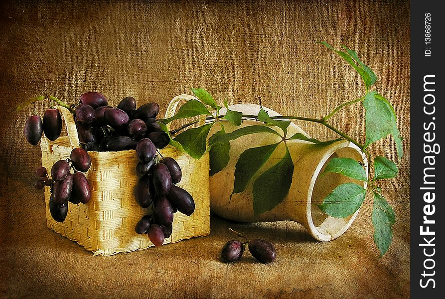 Grapes in a basket and a vase, a still-life. A retro stylisation