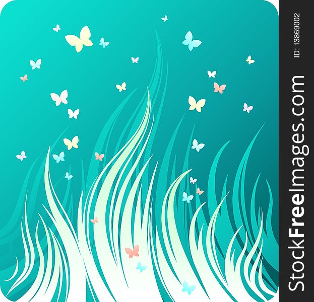 Fresh green background with stylized grass and butterflies. Fresh green background with stylized grass and butterflies