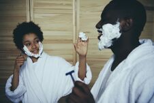Little Black Boy Stains Father With Shaving Foam Stock Photos