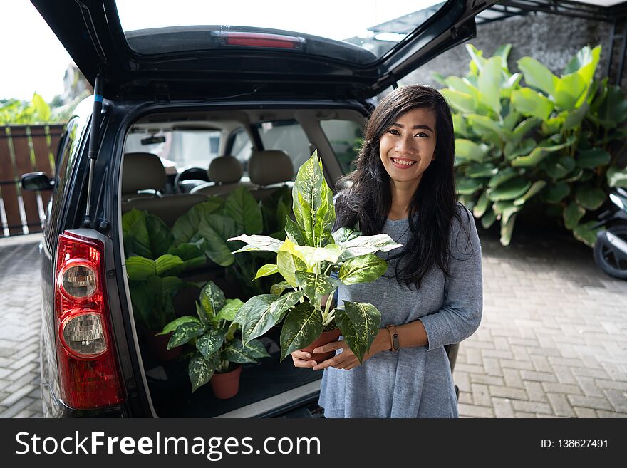 Buying a new plant for the garden. attractive young woman holding a tree that she bought from the shop. plant in the car trunk