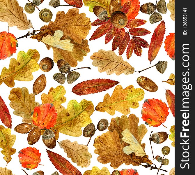 Seamless texture of watercolor fall oak, rowan, aspen leaves and acorns. Bright autumn print with natural elements