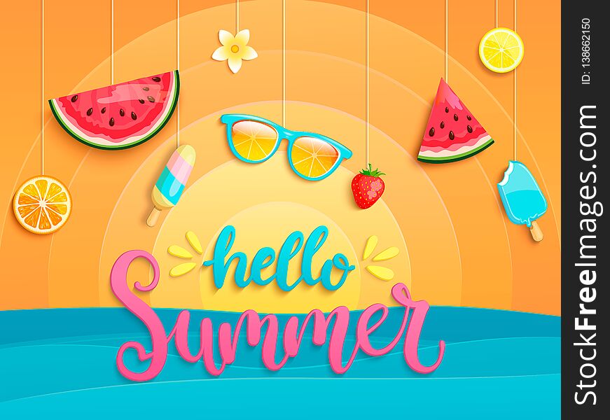 Hello Summer flyer with summer symbols.