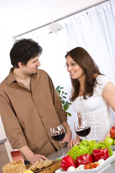 Happy Couple Drink Red Wine In Modern Kitchen Royalty Free Stock Photos Happy Couple Drink Red Wine In Modern Kitchen Royalty Free Stock Photos